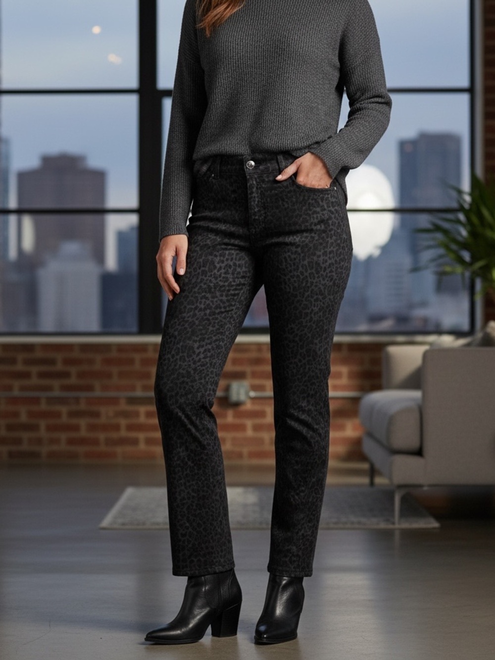 89th & Madison Black Leopard-Print Boot-Cut Jeans